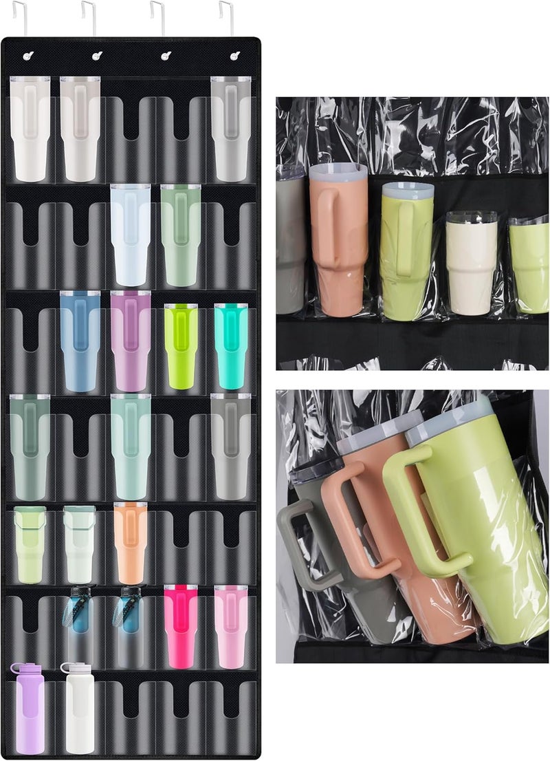 NiHome 35-Pocket Large Capacity Door Cup Organizer for Stanley Tumblers 30oz, 40oz, Door Hanging Water Bottle Storage with Double-Sided Tape Stabilizer, Waterproof Oxford Fabric, Transparent, BPA-Free - Image 1